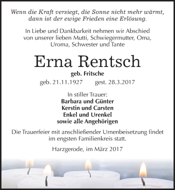 Traueranzeige von Erna Rentsch von Mitteldeutsche Zeitung Quedlinburg