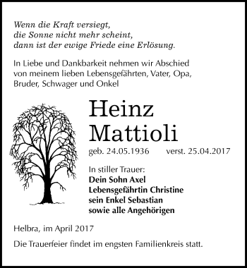 Traueranzeige von Heinz Mattiolo von Mitteldeutsche Zeitung Mansfelder Land