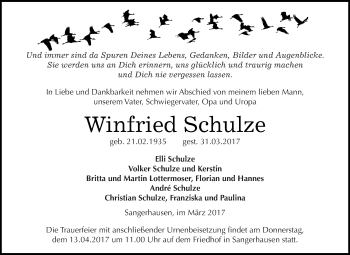 Traueranzeige von Winfried Schulze von Super Sonntag SGH Mansf. Land