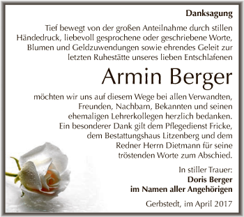Traueranzeige von Armin Berger von Wochenspiegel Mansfelder Land