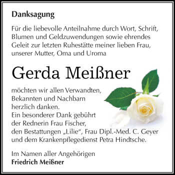 Traueranzeige von Gerda Meißner von WVG - Wochenspiegel Dessau / Köthen
