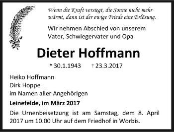 Traueranzeige von Dieter Hoffmann von Mitteldeutsche Zeitung Dessau-Roßlau