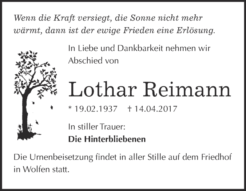  Traueranzeige für Lothar Reimann vom 26.04.2017 aus WVG - Wochenspiegel Bitterfeld