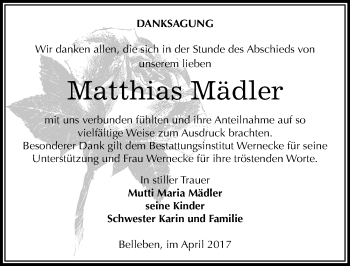 Traueranzeige von Matthias Mädler von Mitteldeutsche Zeitung Bernburg