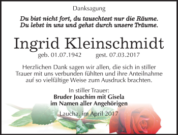 Traueranzeige von Ingrid Kleinschmidt von Mitteldeutsche Zeitung Naumburg/Nebra