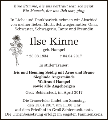 Traueranzeige von Ilse Kinne von Super Sonntag SGH Mansf. Land