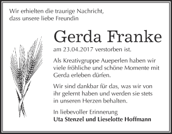 Traueranzeige von Gerda Franke von Super Sonntag Merseburg