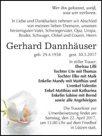 Traueranzeige von Gerhard Dannhäuser von WVG - Wochenspiegel NMB / WSF / ZTZ