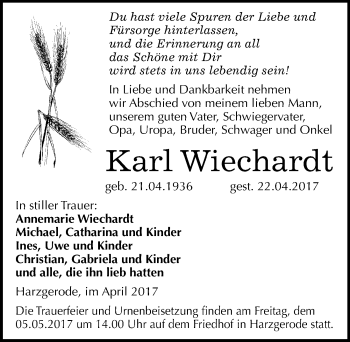 Traueranzeige von Karl Wiechardt von Mitteldeutsche Zeitung Quedlinburg