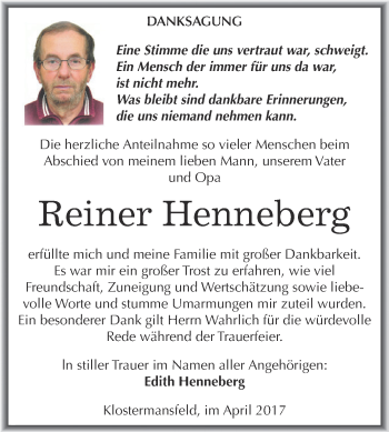 Traueranzeige von Reiner Henneberg von Super Sonntag SGH Mansf. Land