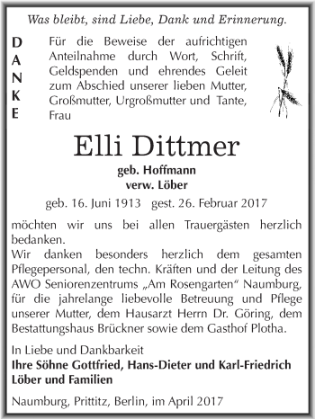Traueranzeige von Elli Dittmer von WVG - Wochenspiegel NMB / WSF / ZTZ