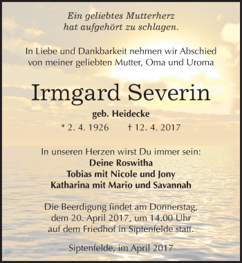 Traueranzeige von Irmgard Severin von Mitteldeutsche Zeitung Quedlinburg