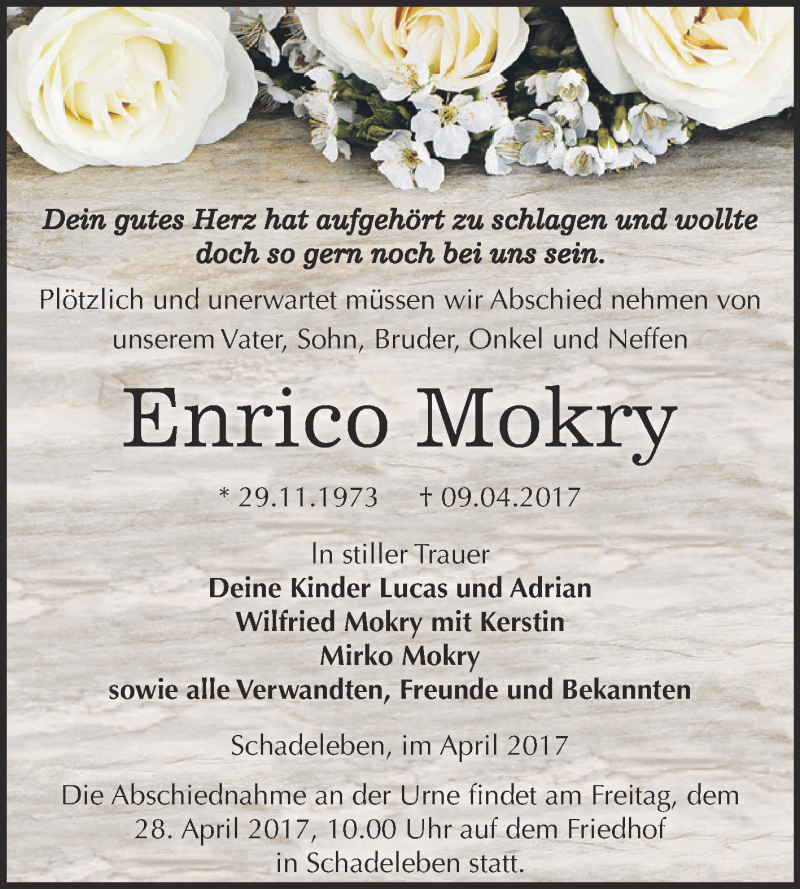  Traueranzeige für Enrico Mokry vom 15.04.2017 aus Super Sonntag Aschersleben