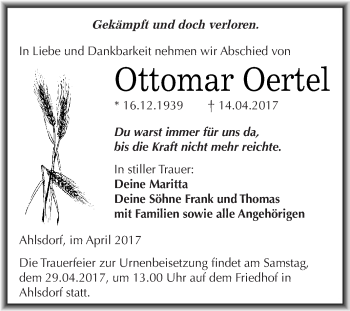 Traueranzeige von Ottomar Oertel von Wochenspiegel Mansfelder Land