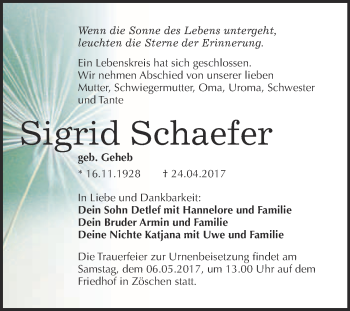 Traueranzeige von Sigrid Schaefer von Super Sonntag Merseburg