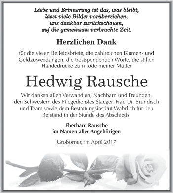 Traueranzeige von Hedwig Rausche von Super Sonntag SGH Mansf. Land