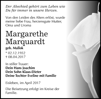 Traueranzeige von Margarethe Marquardt von Mitteldeutsche Zeitung Mansfelder Land