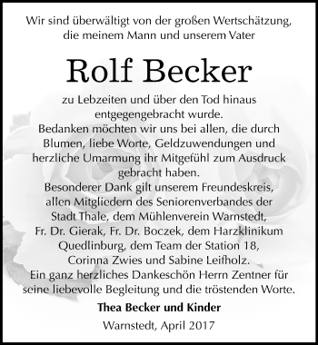 Traueranzeige von Rolf Becker von Mitteldeutsche Zeitung Quedlinburg