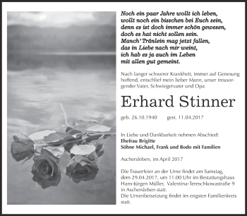 Traueranzeige von Erhard Stinner von Super Sonntag Aschersleben