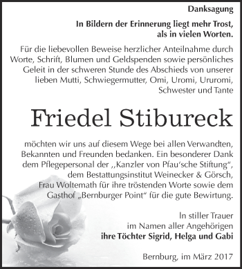Traueranzeige von Friedel Stibureck von Super Sonntag Bernburg