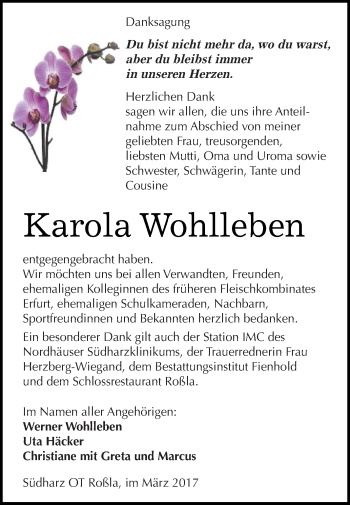 Traueranzeige von Karola Wohlleben von Super Sonntag SGH Mansf. Land