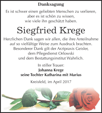 Traueranzeige von Siegfried Krege von Super Sonntag SGH Mansf. Land