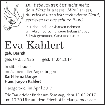 Traueranzeige von Eva Kahlert von Super Sonntag Quedlinburg