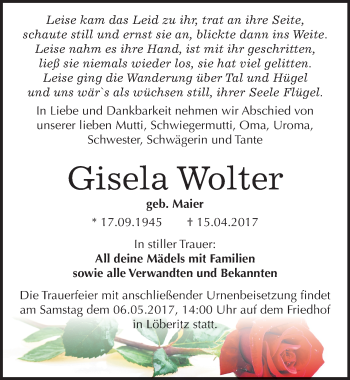 Traueranzeige von Gisela Wolter von Mitteldeutsche Zeitung Bitterfeld