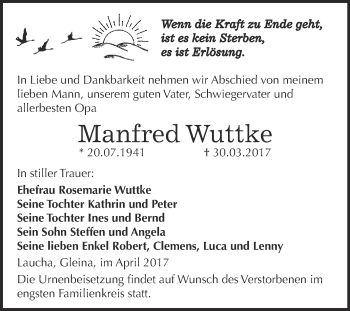 Traueranzeige von Manfred Wuttke von WVG - Wochenspiegel NMB / WSF / ZTZ