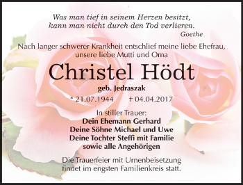 Traueranzeige von Christel Hödt von Mitteldeutsche Zeitung Bitterfeld