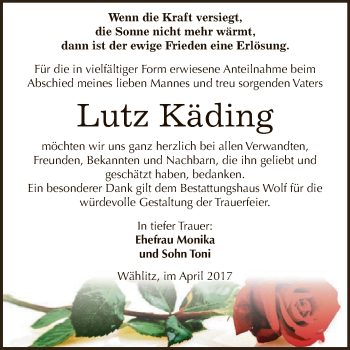 Traueranzeige von Lutz Käding von WVG - Wochenspiegel NMB / WSF / ZTZ