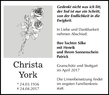 Traueranzeige von Christa York von Mitteldeutsche Zeitung Weißenfels