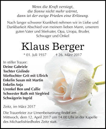 Traueranzeige von Klaus Berger von Super Sonntag Zeitz