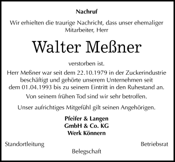 Traueranzeige von Walter Meßner von Mitteldeutsche Zeitung
