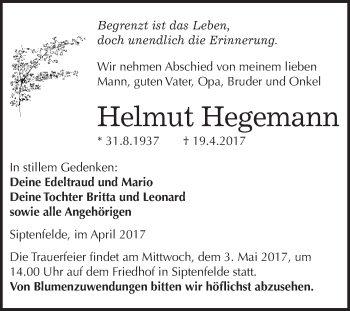 Traueranzeige von Helmut Hegemann von WVG - Wochenspiegel Quedlinburg