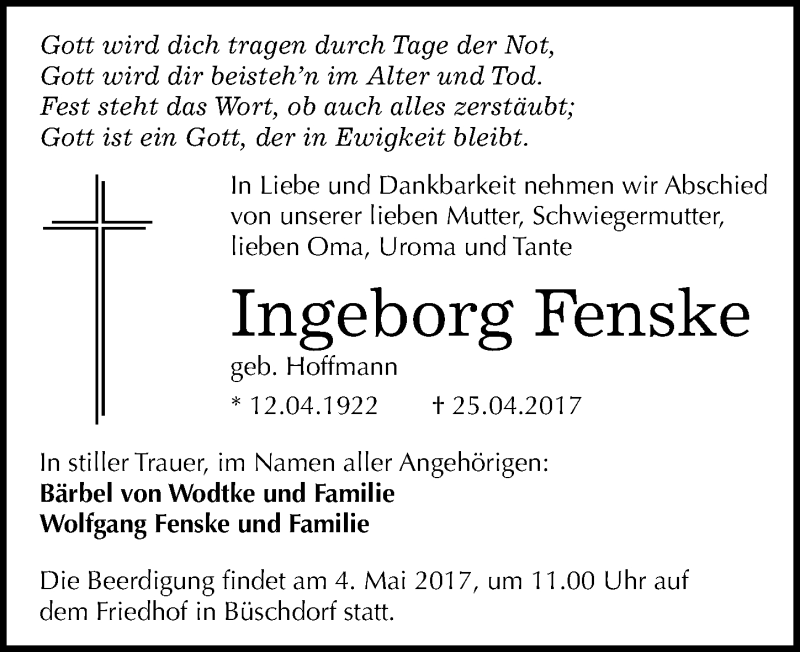  Traueranzeige für Ingeborg Fenske vom 29.04.2017 aus Mitteldeutsche Zeitung Halle/Saalkreis