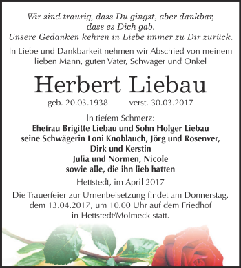 Traueranzeige von Herbert Liebau von Super Sonntag SGH Mansf. Land