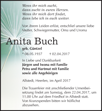 Traueranzeige von Anita Buch von Mitteldeutsche Zeitung Sangerhausen
