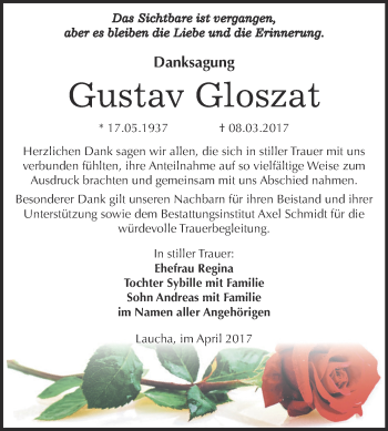 Traueranzeige von Gustav Gloszat von WVG - Wochenspiegel NMB / WSF / ZTZ
