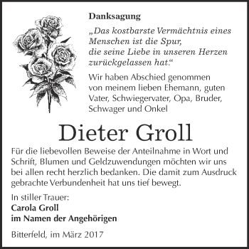 Traueranzeige von Dieter Groll von WVG - Wochenspiegel Bitterfeld