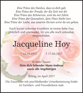 Traueranzeige von Jacqueline Hoy von WVG - Wochenspiegel Wittenberg