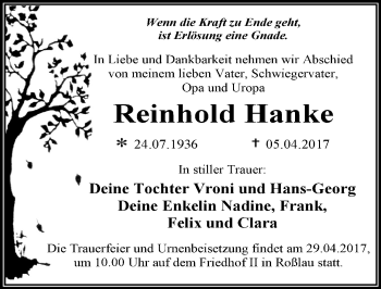 Traueranzeige von Reinhold Hanke von Mitteldeutsche Zeitung Dessau-Roßlau