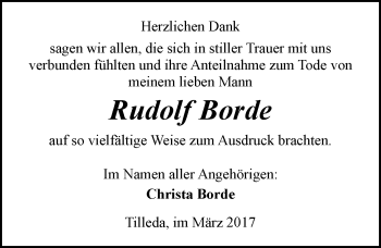 Traueranzeige von Rudolf Borde von Mitteldeutsche Zeitung Sangerhausen