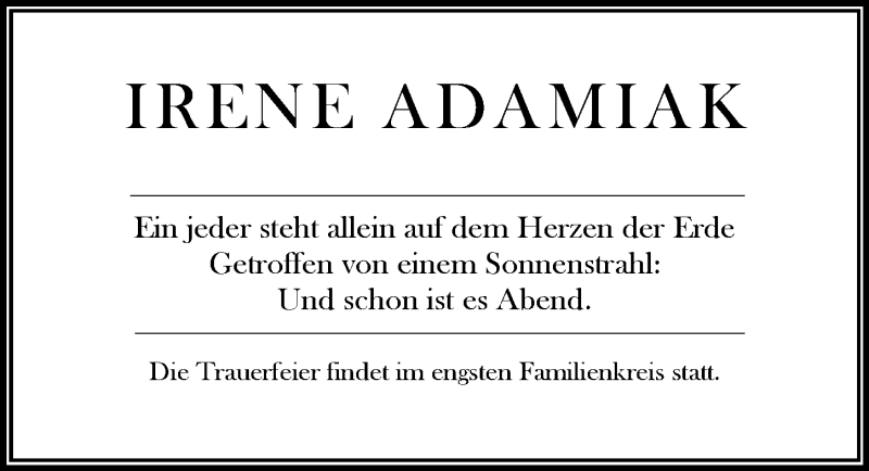  Traueranzeige für Irene Adamiak vom 22.04.2017 aus Mitteldeutsche Zeitung Dessau-Roßlau