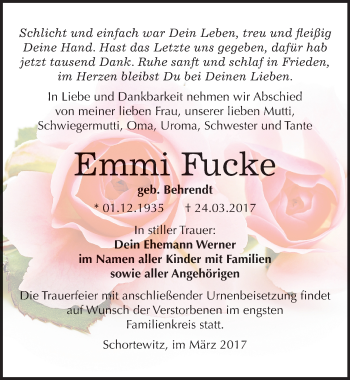 Traueranzeige von Emmi Fucke von Mitteldeutsche Zeitung Köthen