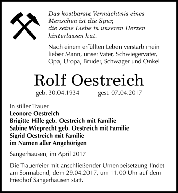 Traueranzeige von Rolf Oestreich von Mitteldeutsche Zeitung Sangerhausen