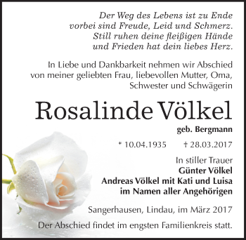 Traueranzeige von Rosalinde Völkel von Mitteldeutsche Zeitung Sangerhausen