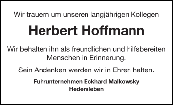 Traueranzeige von Herbert Hoffmann von Super Sonntag Quedlinburg