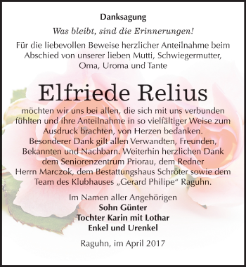 Traueranzeige von Elfriede Relius von Mitteldeutsche Zeitung Bitterfeld