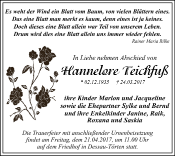 Traueranzeige von Hannelore Teichfuß von WVG - Wochenspiegel Dessau / Köthen